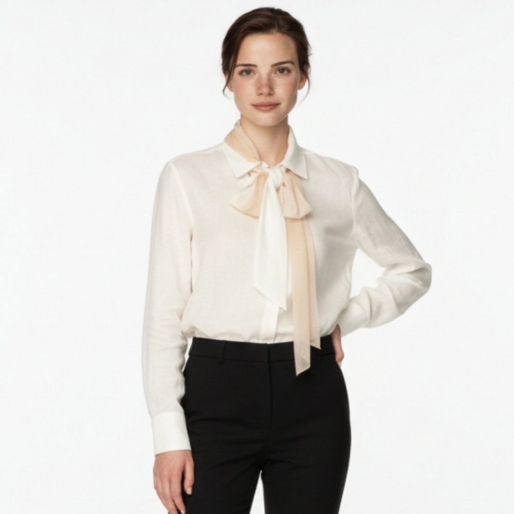 Chanel Vintage Ivory Linen Cream Silk Accent Dress Shirt Blouse M